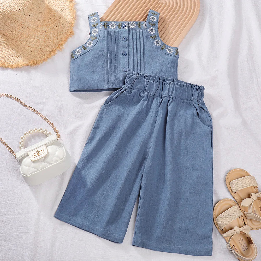 Baby Summer Clothes Children's Clothing Girl Fashion Sleeveless Embroidery Flower Tank Top+Straight Pants Toddler Casual Clothes