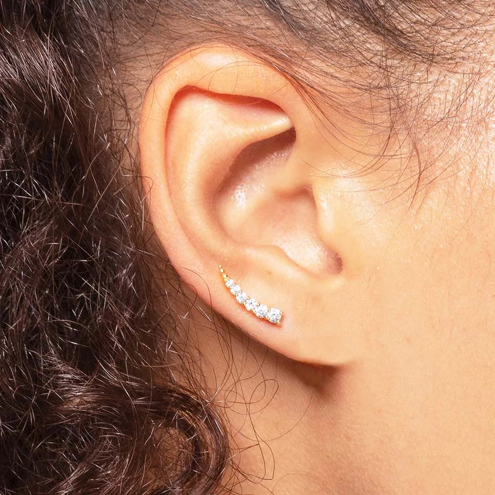 Golden Ear Climber White Stones Europe Style Fine Jewerly For Women Trendy Gift In 925 Sterling Silver