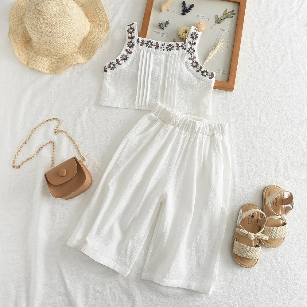 Baby Summer Clothes Children's Clothing Girl Fashion Sleeveless Embroidery Flower Tank Top+Straight Pants Toddler Casual Clothes