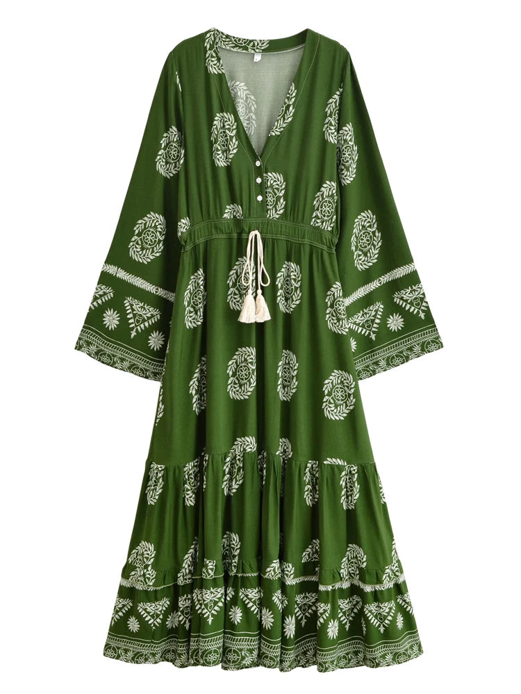 Vintage Chic Women Green Wild Floral Long Sleeve Tassel Beach Bohemian Dress Ladies Deep V-neck Autumn Boho Maxi Dress Vestidos