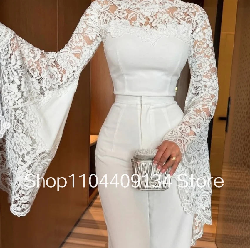 White Lace Trousers Formal Evening Gown Elegant Gowns Bell-Sleeves and Straight Trousers Arabic Prom Dress Customized vestido