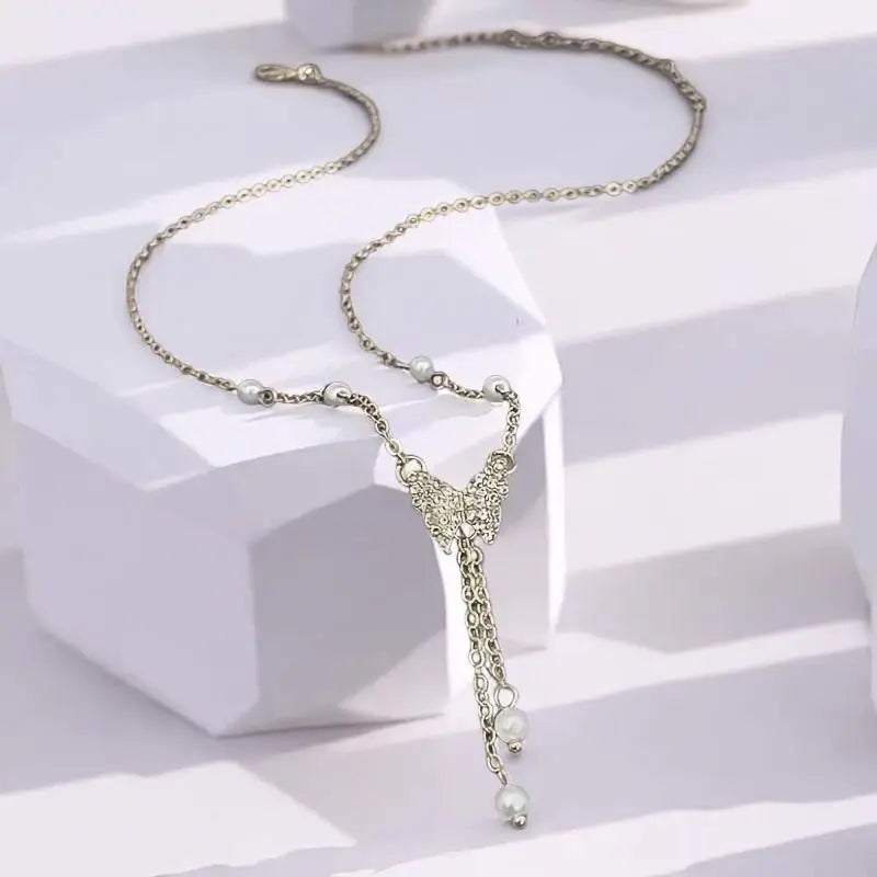 Shiny Pearl Butterfly Necklace Crystal Pendant Collar Chain Necklace Ladies Wedding Party Jewelry Gift