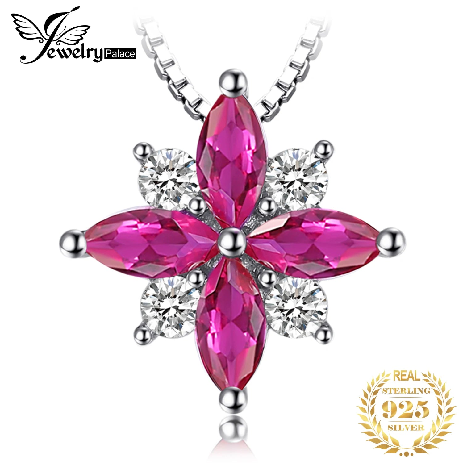 JewelryPalace Flowers Created Ruby 925 Sterling Silver Pendant Necklace for Woman Cross Gemstone Fine Jewelry Choker No Chain