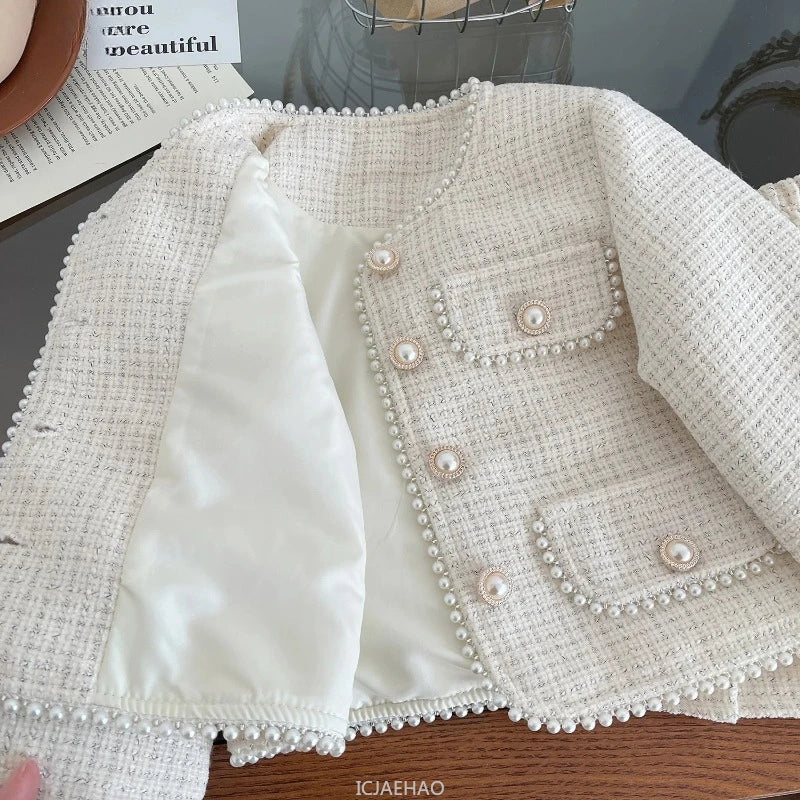 Teen Girl Clothes 2025 Tweed Two Piece Skirt Sets Luxury Designer Outfit Coat Suit Costume Kids Clothing Children Beige Boutique