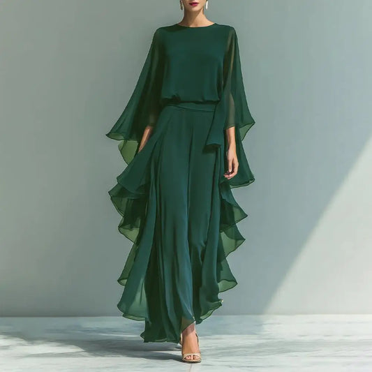 Women Suit Women Two-piece Suit Summer Outfit Loose Fit Ruffle Bell Sleeve Shirt Wide Leg Pants Women Two-piece Suit