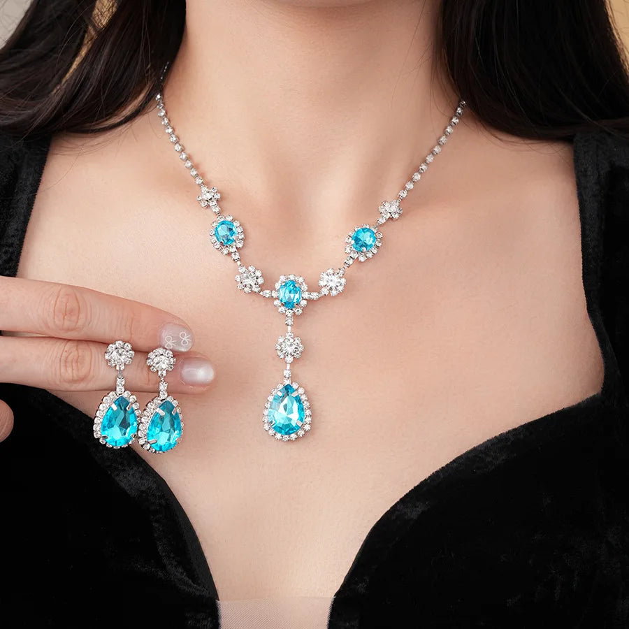 DREJEW Diamond-inlaid Blue Water Drop Jewelry Set for Women  Light Luxury High-end Temperament  Wedding Earrings Necklace Sets