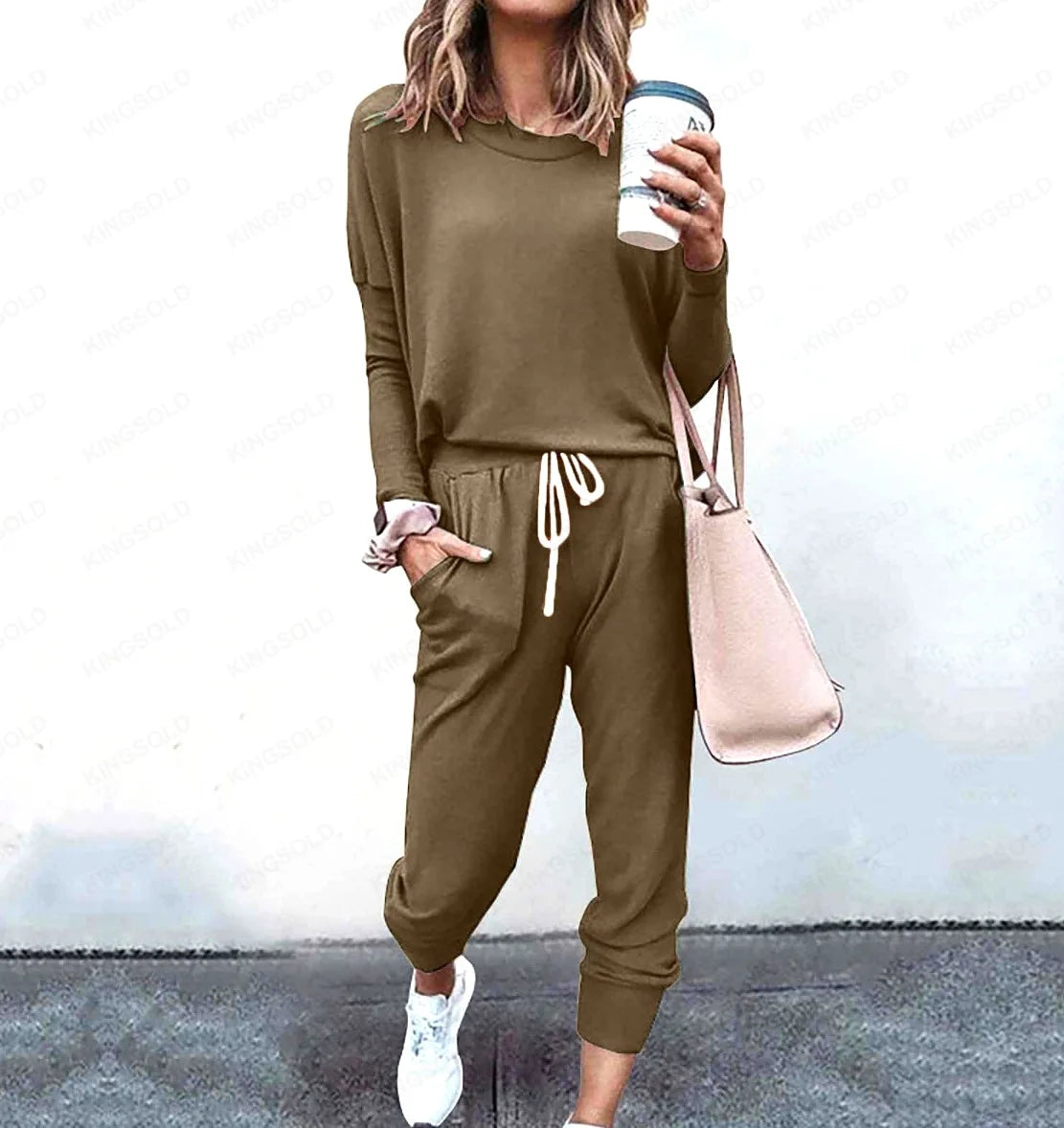 Women Casual Two Piece Outfit Set Long Sleeve Top and Drawstring Pants Loungewear