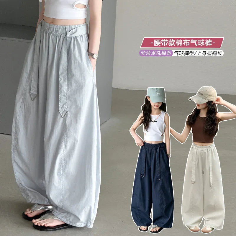 Teens Girls Soft Cotton Balloon Trousers Summer Childen Thin Loose Casual Breathable Mosquito Proof Kids Pants