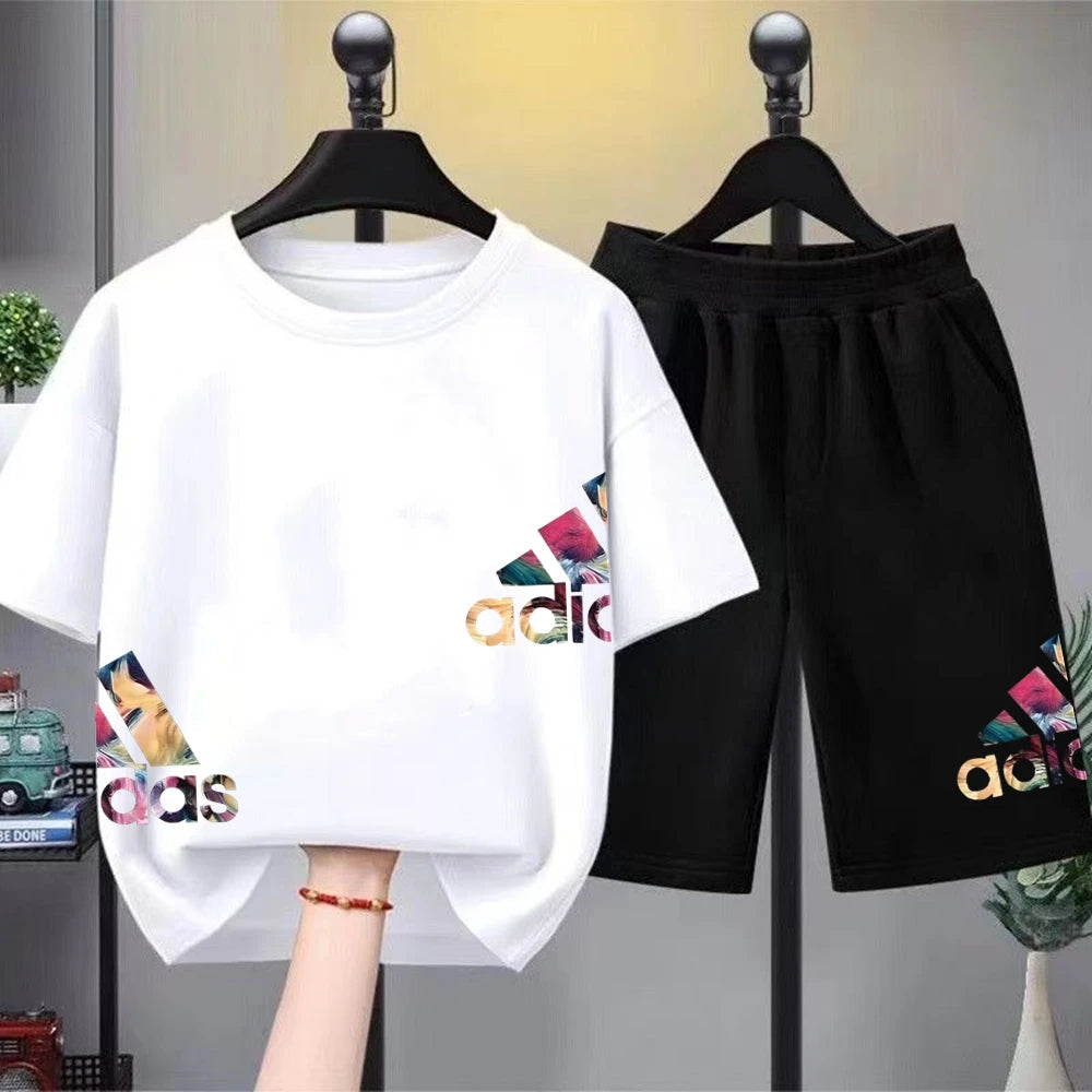 Summer Boys Girls Tee+shorts suit Children Short Sleeve T-shirts Child Loose Casual Pink Black Fashion white stamp Clothes
