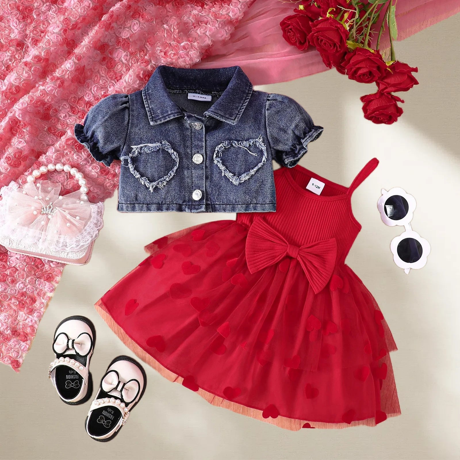 Summer 0-6Y Kids Clothes Girls Denim Collar Short Jacket 2pcs Set Sling Dress Bowknot Tulle Puff Skirt Girl Outfit