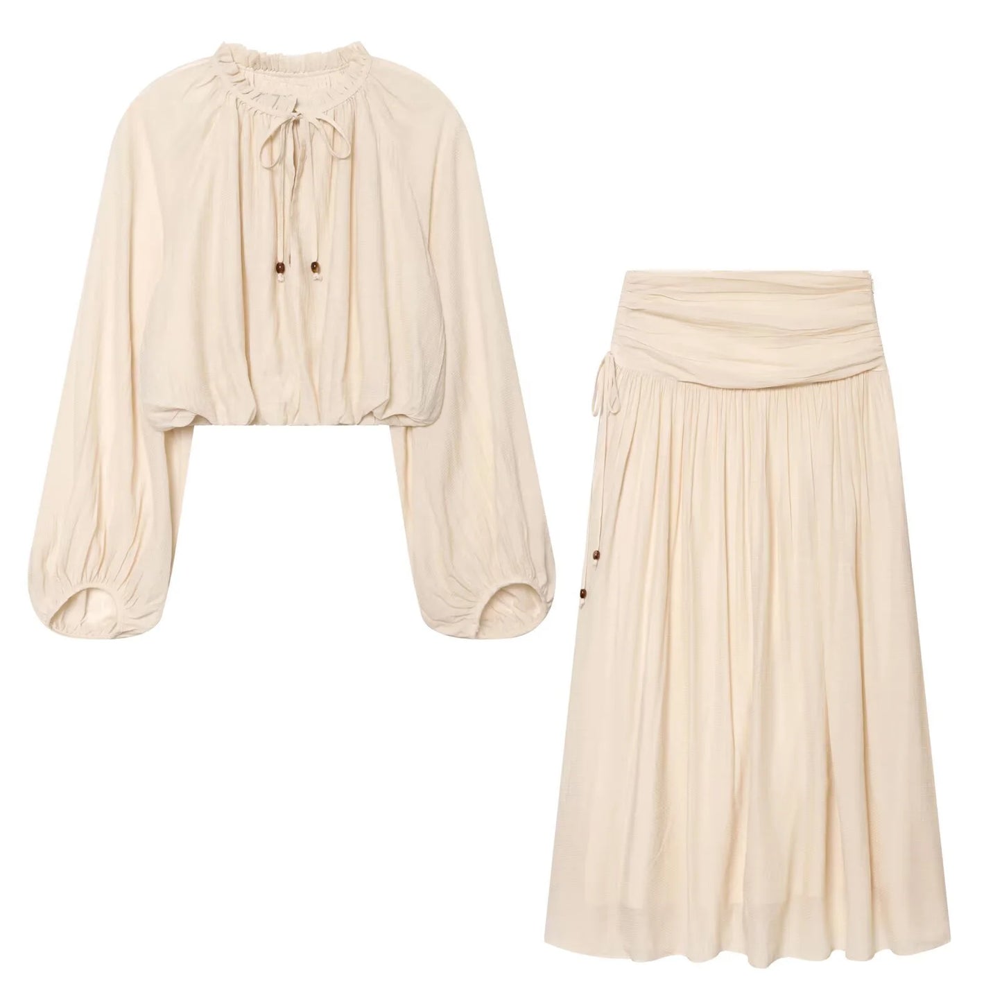HipSeam Women's Pleated Skirts Sets New 2026 Spring Summer 2 Piece Simple Lace Long Sleeve Top + Midi Waist Skirts Female Outfit