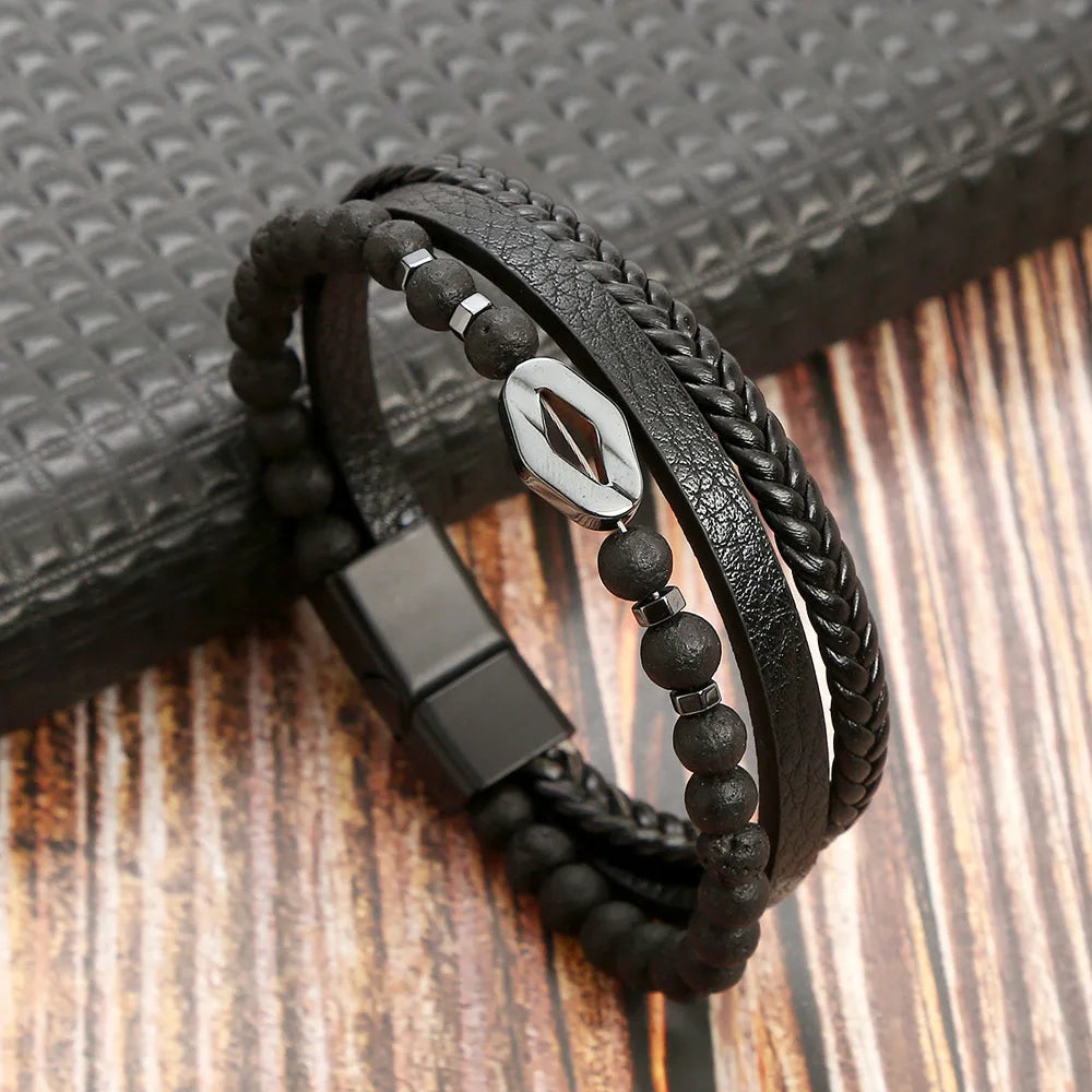 Classic 4-Layer Tiger Eye Stone Hand-Woven Leather Bracelets For Men Punk Fashion Alloy Magnetic Buckle Casual Bracelet Jewelry