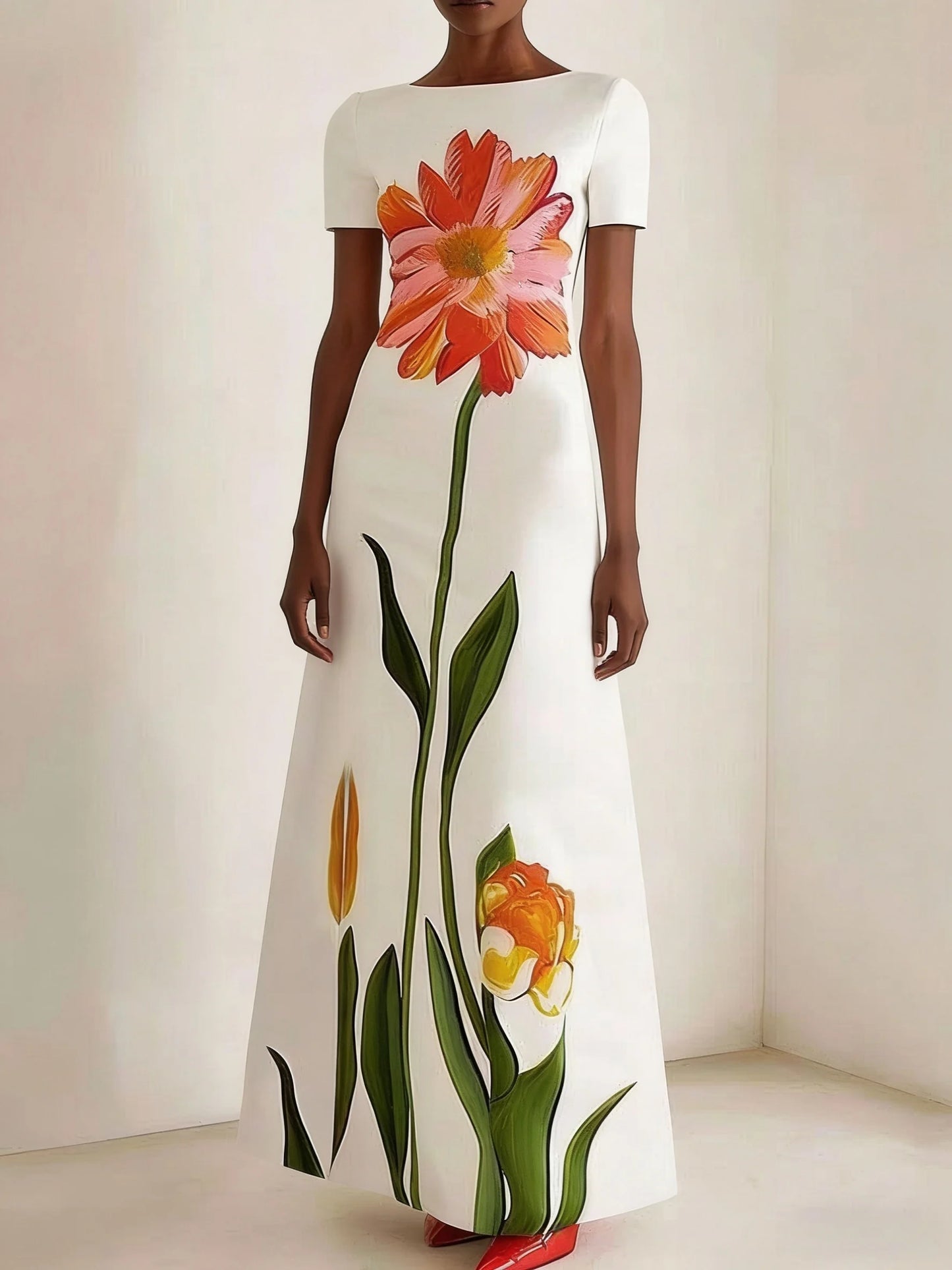 Women's Summer Clothing, New Style, Artistic Print, Round Neck, Short-Sleeved, Long Dress, Retro Slim-Fit Long Dress, Fashionable and Elegant, Suitable for Daily Commuting, Dating, Weddings, Banquets, Graduation Ceremonies