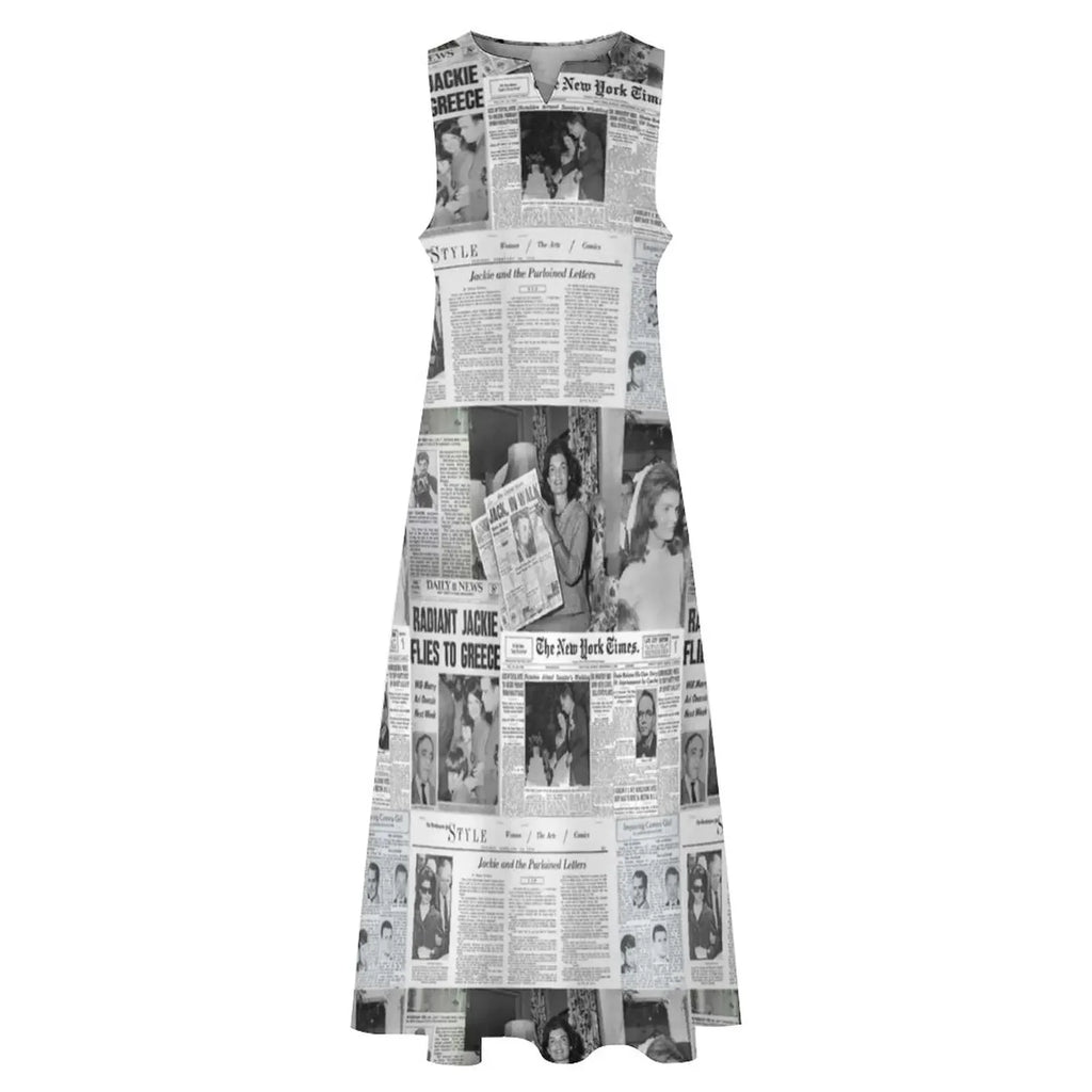 Newspaper Collage Print Dress Women Elegant Maxi Dress Street Style Casual Sleeveless Long Dress Summer V-Neck Pattern Vestidos