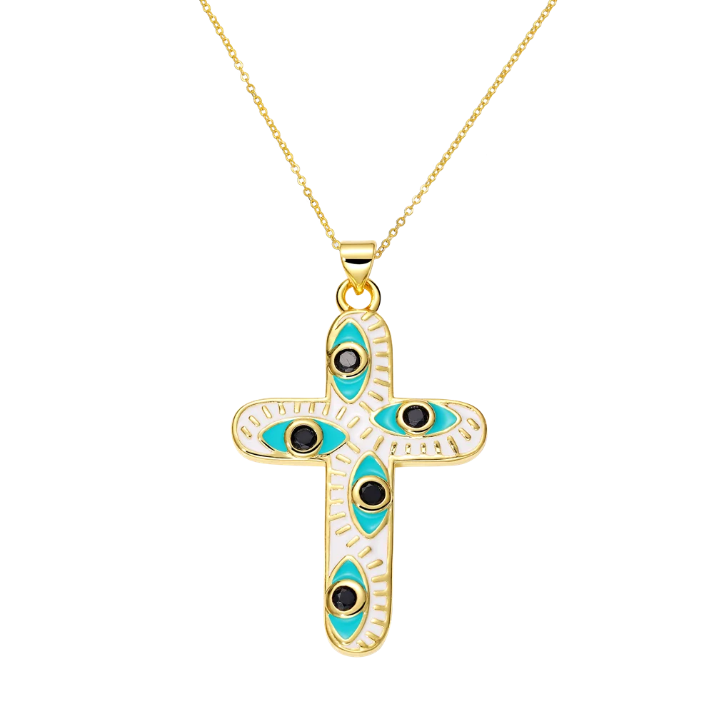 Juya 18K Real Gold Plated Handmade Decoration Cubic Zirconia Enamel Cross Pendant Necklace For Women Christian Jewelry Supplies