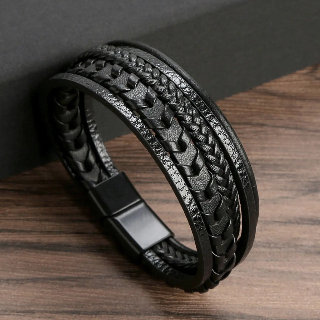 Classic 4-Layer Tiger Eye Stone Hand-Woven Leather Bracelets For Men Punk Fashion Alloy Magnetic Buckle Casual Bracelet Jewelry