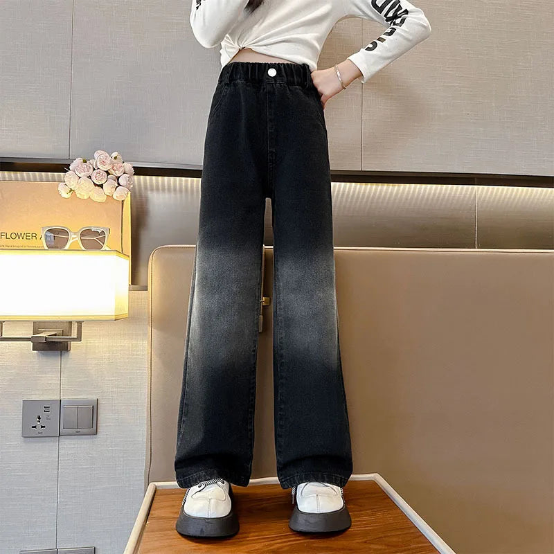 Teenage Girls Jeans 2026 Spring Autumn Casual Fashion Loose Blue Kids Leg Wide Pants School Children Trousers 6 8 10 12 Year
