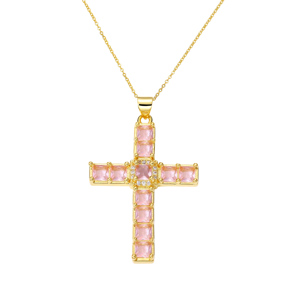 Juya 18K Real Gold Plated Handmade Decoration Cubic Zirconia Enamel Cross Pendant Necklace For Women Christian Jewelry Supplies