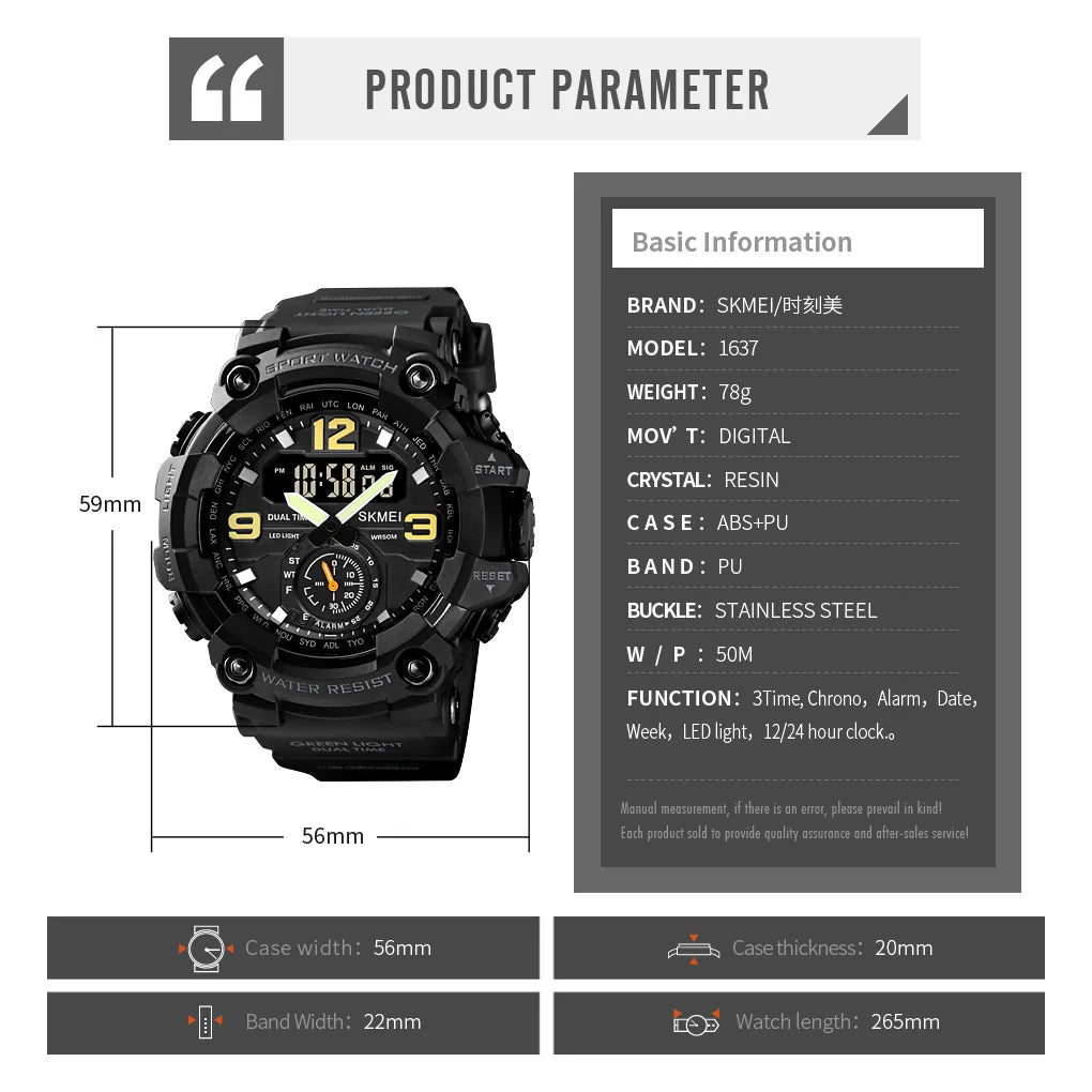 SKMEI 1637 Military Watch for Men LED Display Waterproof Quartz Wristwatch Mens Sport Digital Shockproof Clock Montre Homme 1965