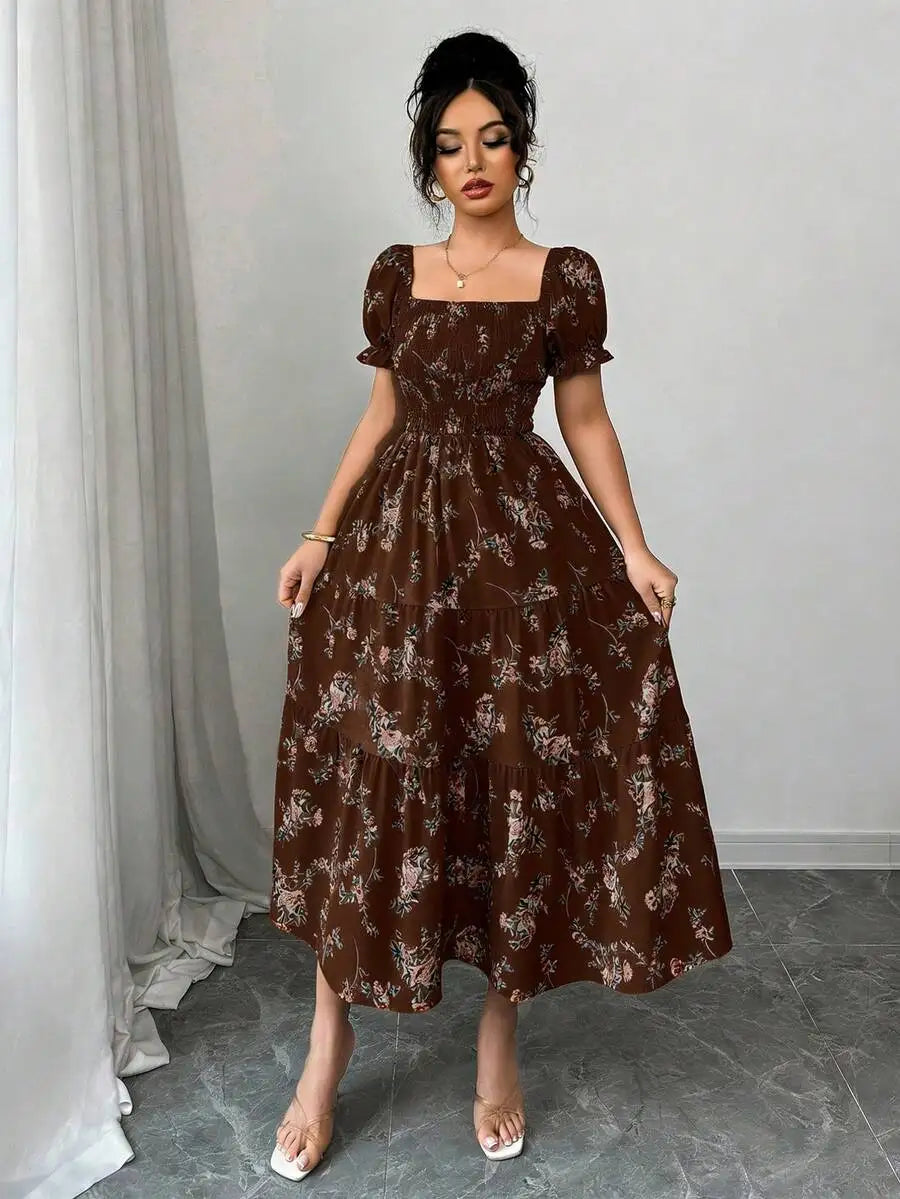 Women's Spring Summer Square Neck Pleated Short Sleeve Ruffle Hem Maxi Dress Ditsy Floral Casual Beach Boho Music Festival Dress