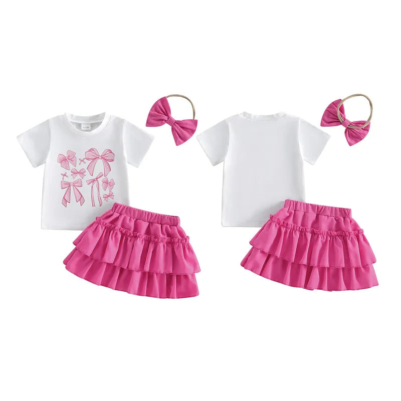 1-4years Infant Girl Summer Outfits Bow Print T-Shirt Riffled Skirt Bow 3 Pcs clothes Set for toddler girls