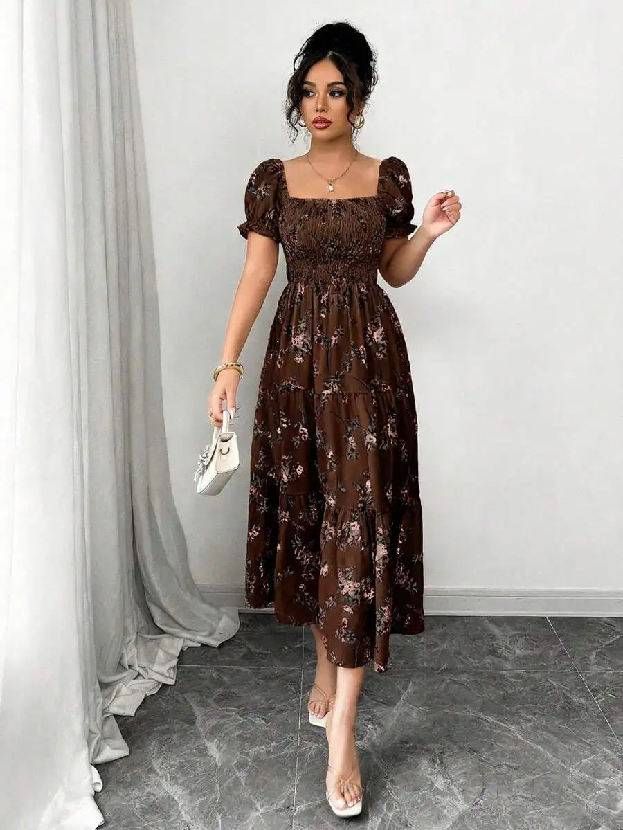 Women's Spring Summer Square Neck Pleated Short Sleeve Ruffle Hem Maxi Dress Ditsy Floral Casual Beach Boho Music Festival Dress