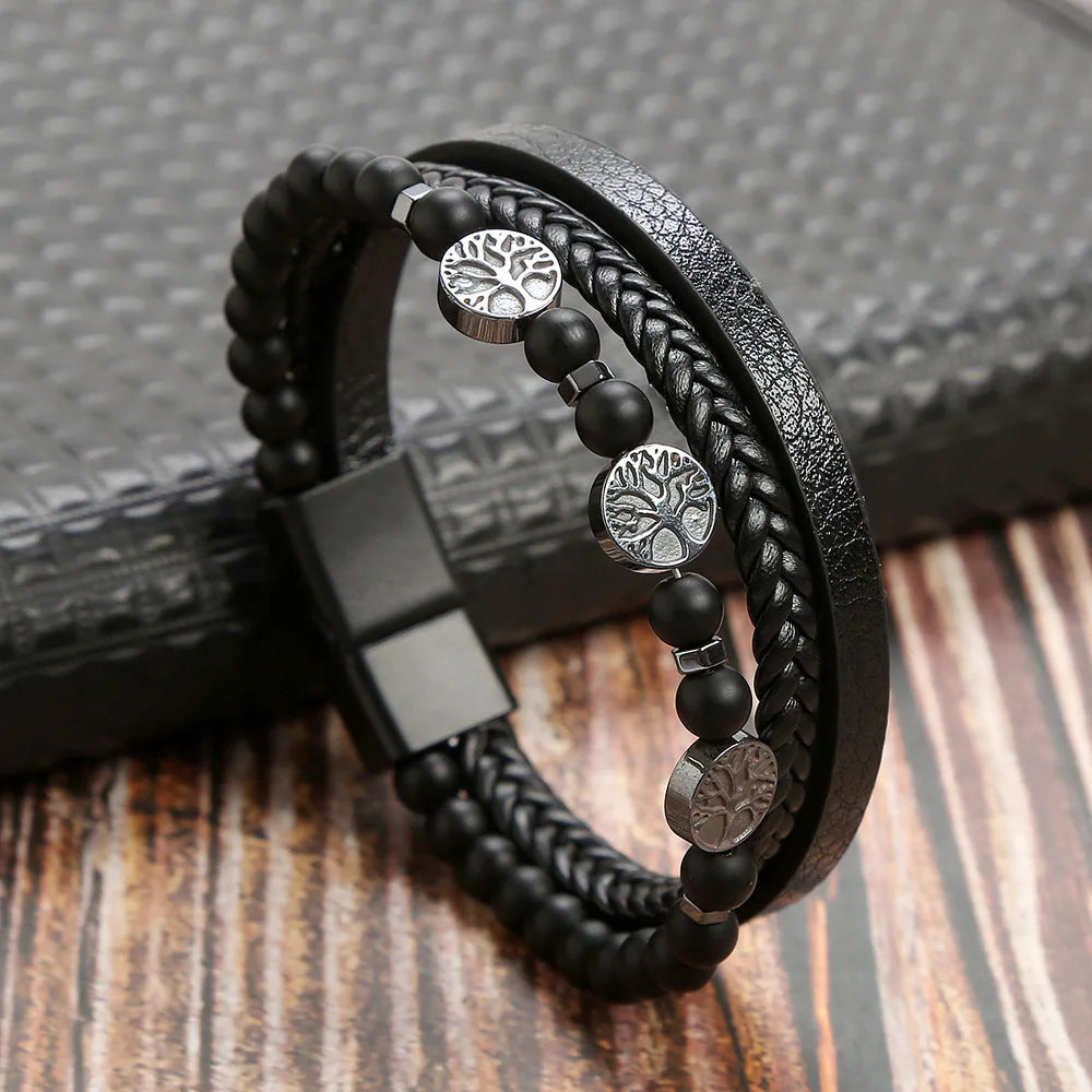 Classic 4-Layer Tiger Eye Stone Hand-Woven Leather Bracelets For Men Punk Fashion Alloy Magnetic Buckle Casual Bracelet Jewelry