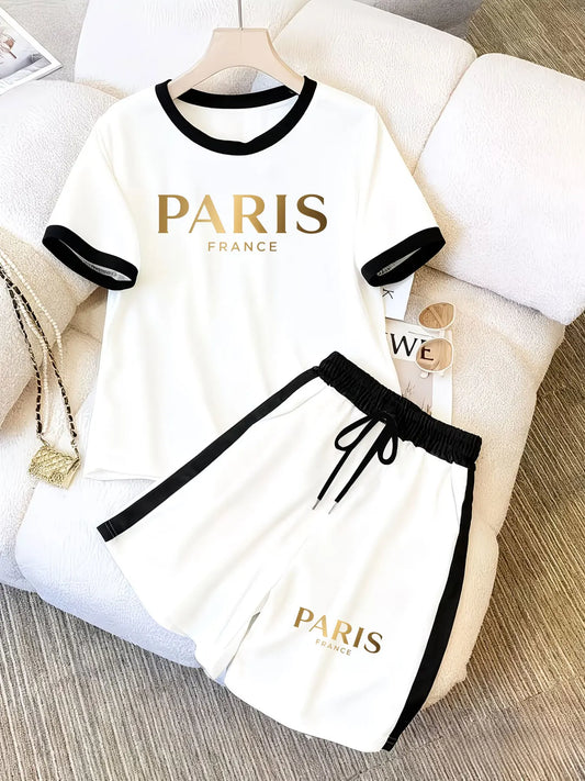 Personalized Prints, Contrasting Color Designs, Women's Suits, Short-Sleeved Tops and Shorts for Spring and Summer, Casual Sports Summer Two-Piece Outfits for Women, Suitable for Daily Commuting, Street Strolls, and Campus Ou