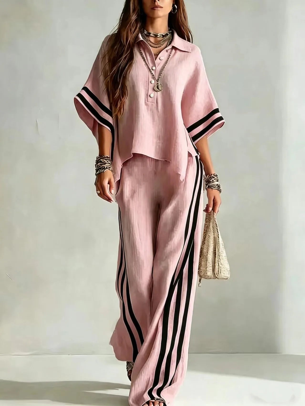 New Summer Women 2-Piece Outfit Three-quarter Sleeve Lapel T-shirt Tops + Loose Striped Pants Female Casual Boho  Matching Set