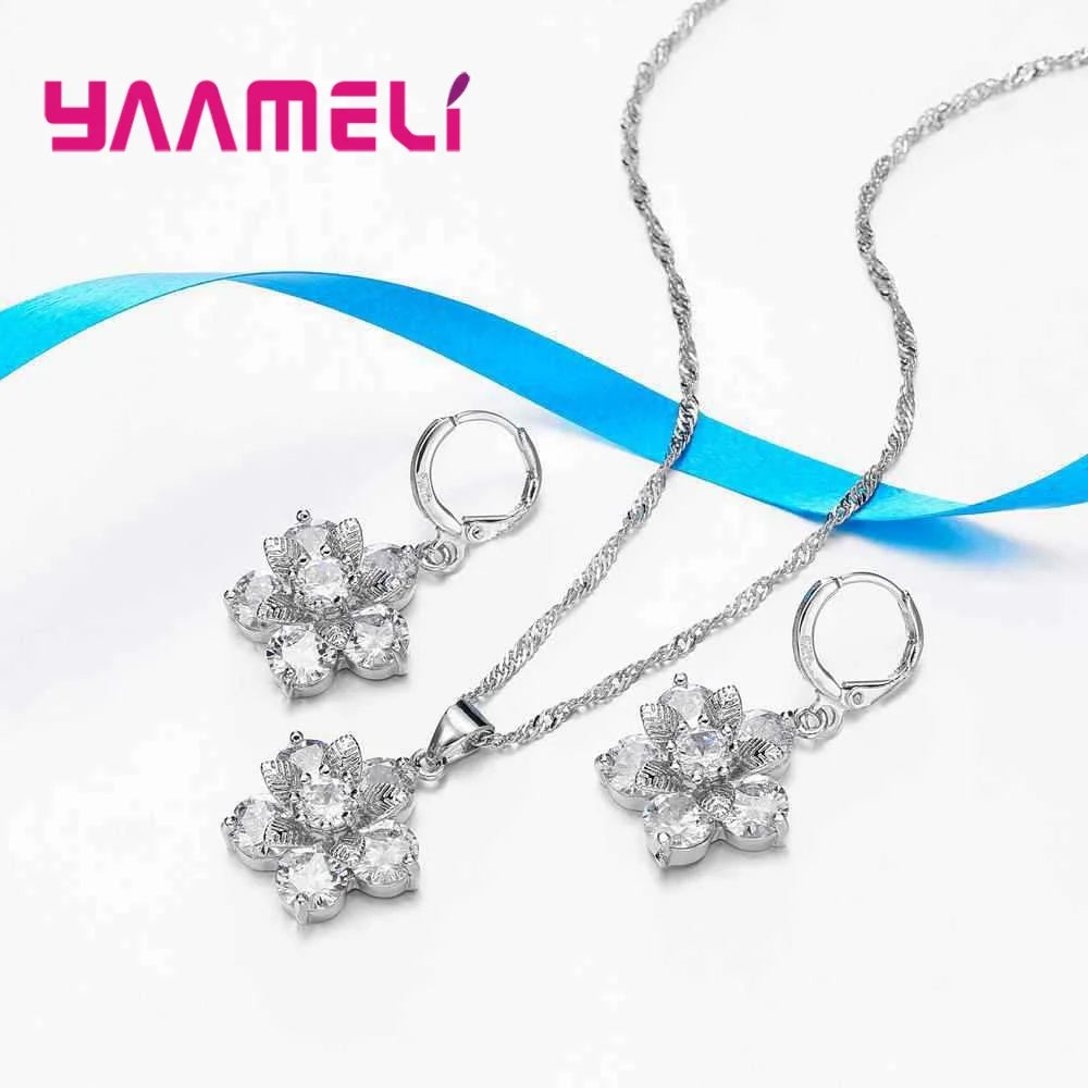 Popular Stylish Jewellery Flowers With Leaves Leaf Women Wedding Party Silver Color Jewelry Sets Paved 3A Zirocon