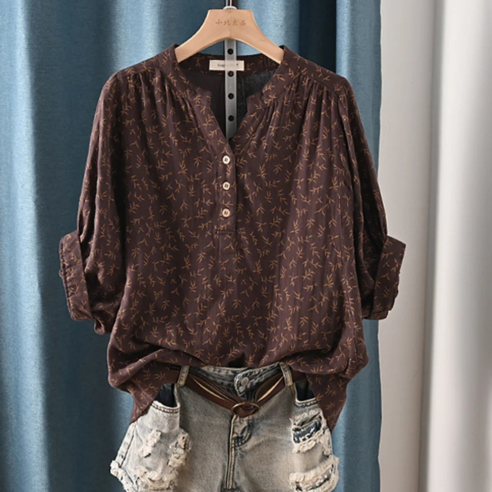 New Spring 100% Cotton Casual Shirt Women Batwing Sleeve Stand Collar Printed Top Girl OL Loose Blouses 2024 Summer T447104QM