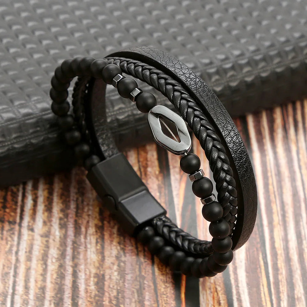 Classic 4-Layer Tiger Eye Stone Hand-Woven Leather Bracelets For Men Punk Fashion Alloy Magnetic Buckle Casual Bracelet Jewelry
