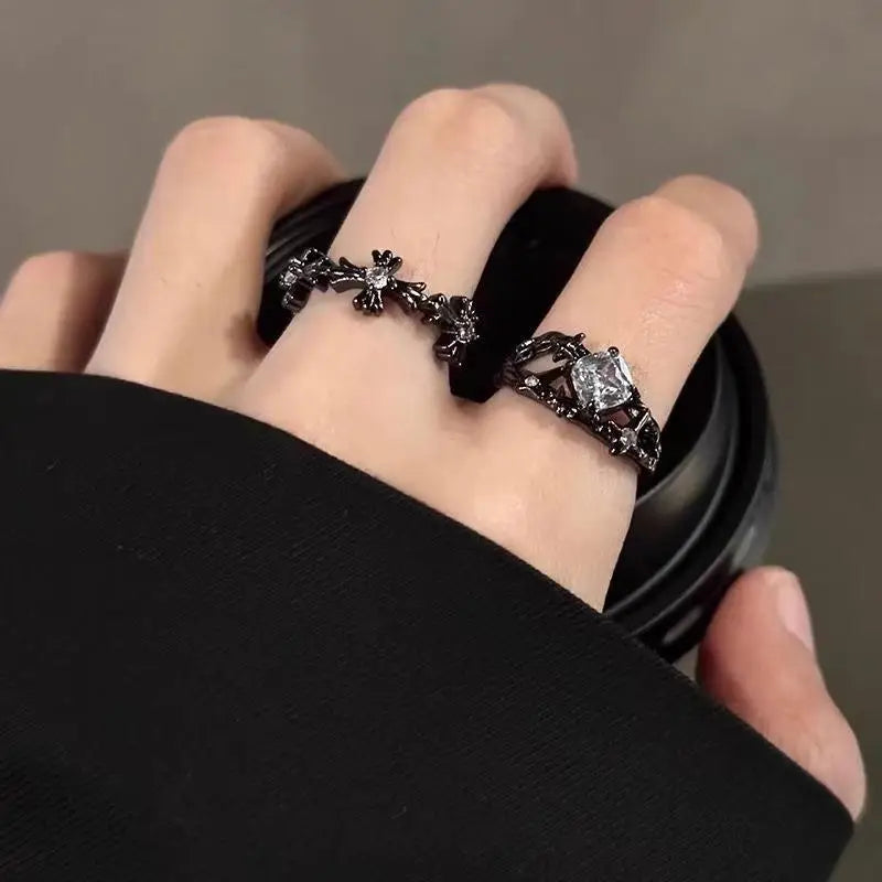 WANZHI 1/2PCS Gothic Black Cross Open Rings for Women and Men Exquisite Imbue Diamond Ring Fashion Jewelry Accessories Gifts