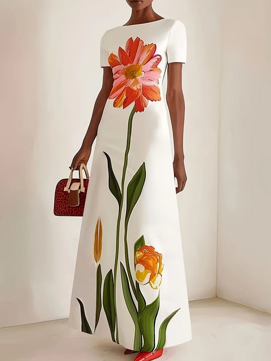 Women's Summer Clothing, New Style, Artistic Print, Round Neck, Short-Sleeved, Long Dress, Retro Slim-Fit Long Dress, Fashionable and Elegant, Suitable for Daily Commuting, Dating, Weddings, Banquets, Graduation Ceremonies