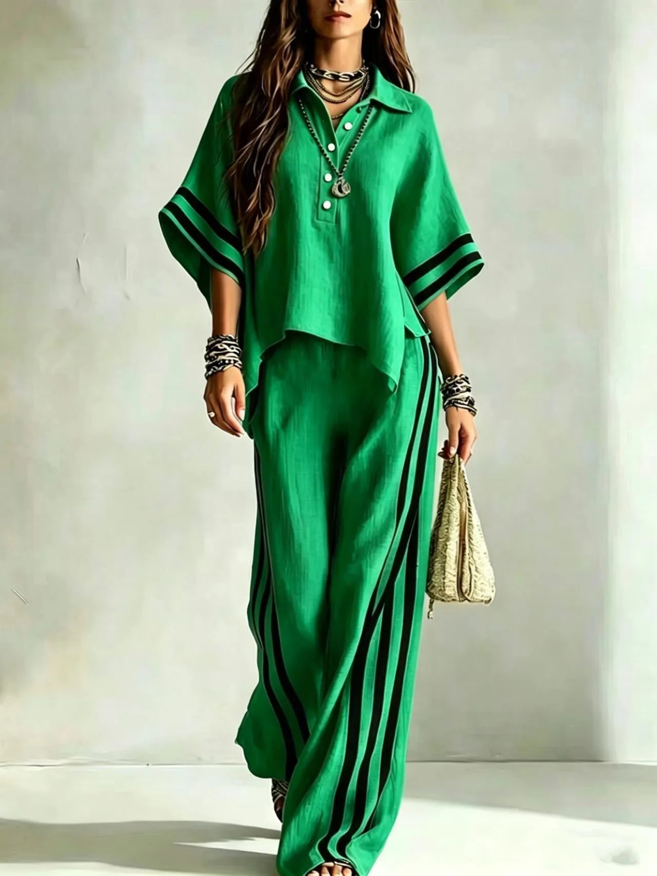 New Summer Women 2-Piece Outfit Three-quarter Sleeve Lapel T-shirt Tops + Loose Striped Pants Female Casual Boho  Matching Set