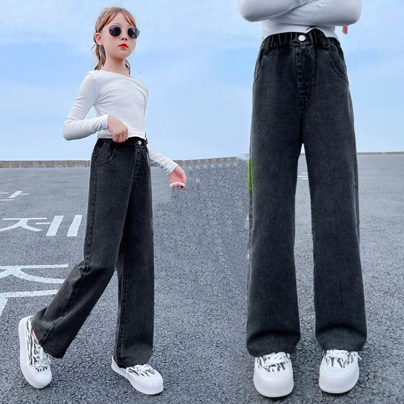 Teenage Girls Jeans 2026 Spring Autumn Casual Fashion Loose Blue Kids Leg Wide Pants School Children Trousers 6 8 10 12 Year
