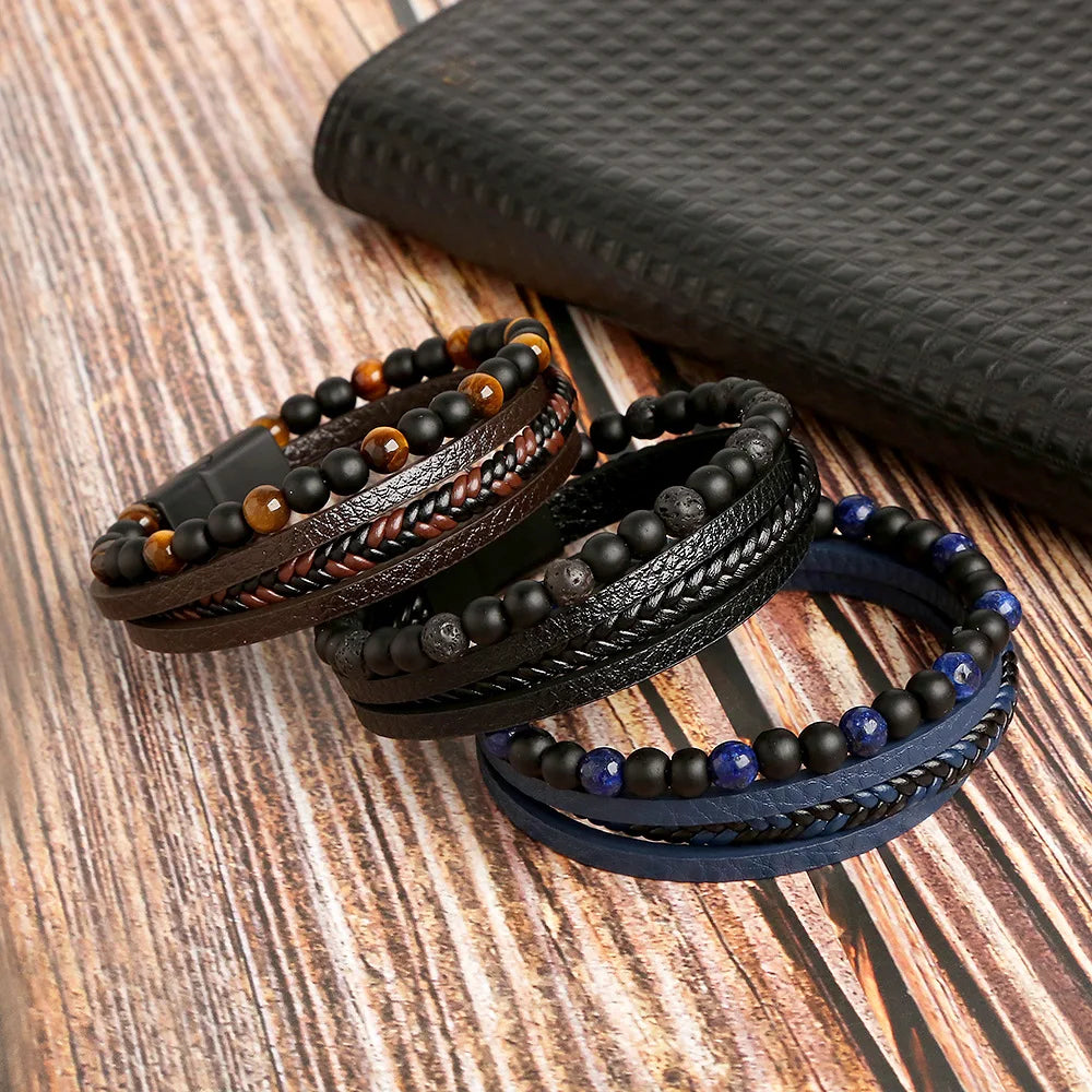 Classic 4-Layer Tiger Eye Stone Hand-Woven Leather Bracelets For Men Punk Fashion Alloy Magnetic Buckle Casual Bracelet Jewelry