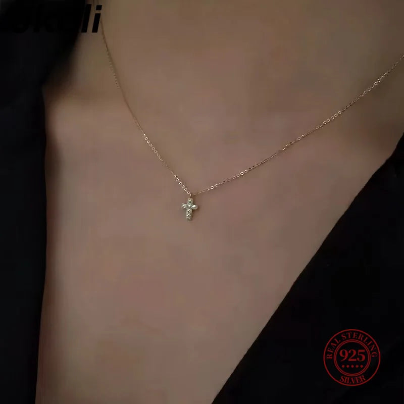 Jkeli 925 Sterling Silver Simple Pavé Crystal Cross Pendant Necklace Women Classic Temperament Wedding Party Jewelry  Gift