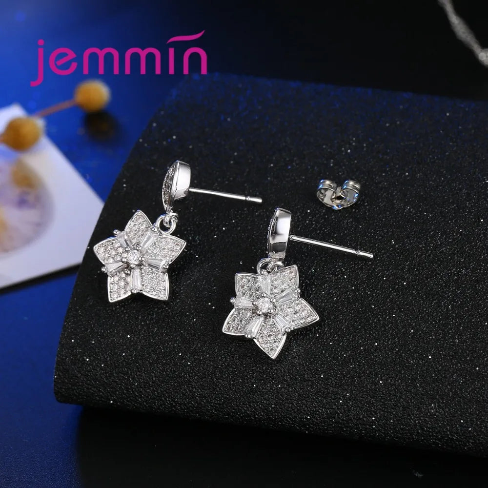 Elegant Genuine 925 Sterling Silver Shinning Crystal Flower Shape Wedding Jewelry Sets Earrings Necklace Sets Bridal Accessories