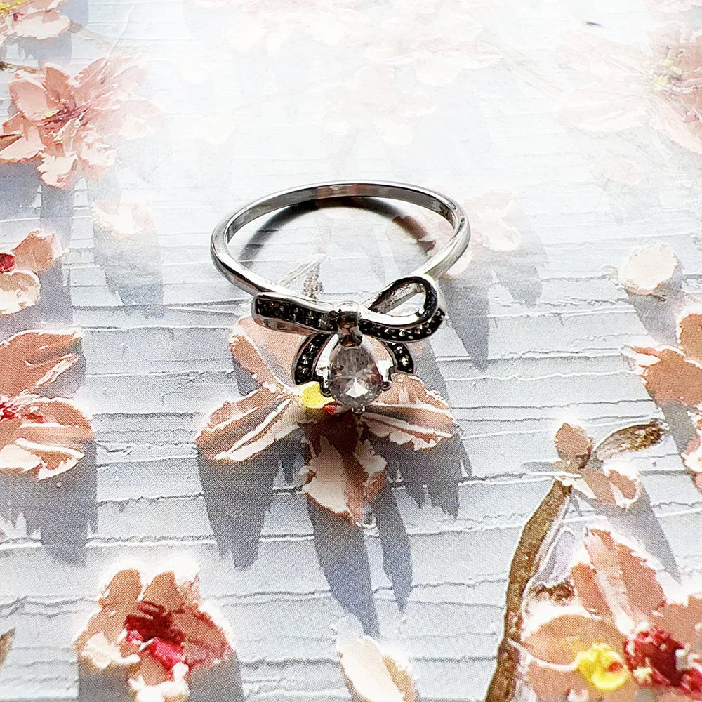 Ring Bow Knot & Drop Water Europe Style Love Jewerly For Girls Women Summer Brand New Trendy Gift In 925 Sterling Silver