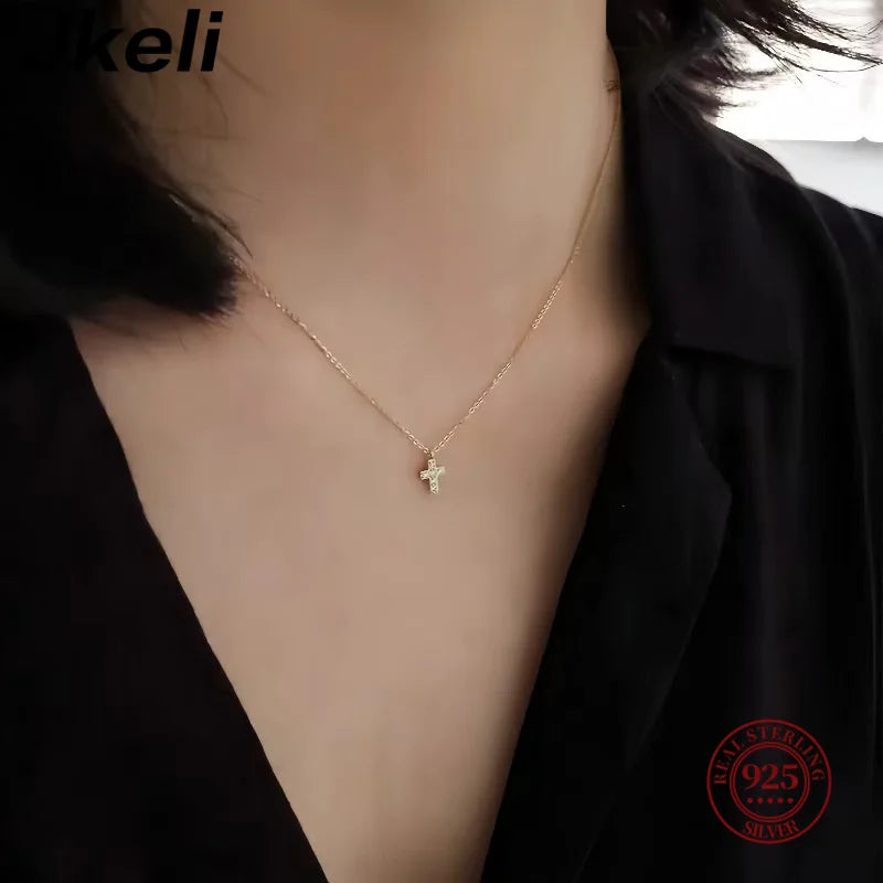 Jkeli 925 Sterling Silver Simple Pavé Crystal Cross Pendant Necklace Women Classic Temperament Wedding Party Jewelry  Gift