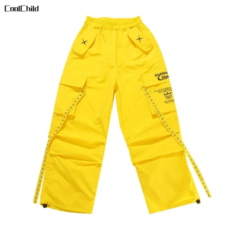 Hip Hop Kids Cool Crop Top K-pop Street Dance Cargo Pants Plaid Skirts Girls Streetwear Children Yellow Jazz Costume Clothes Set