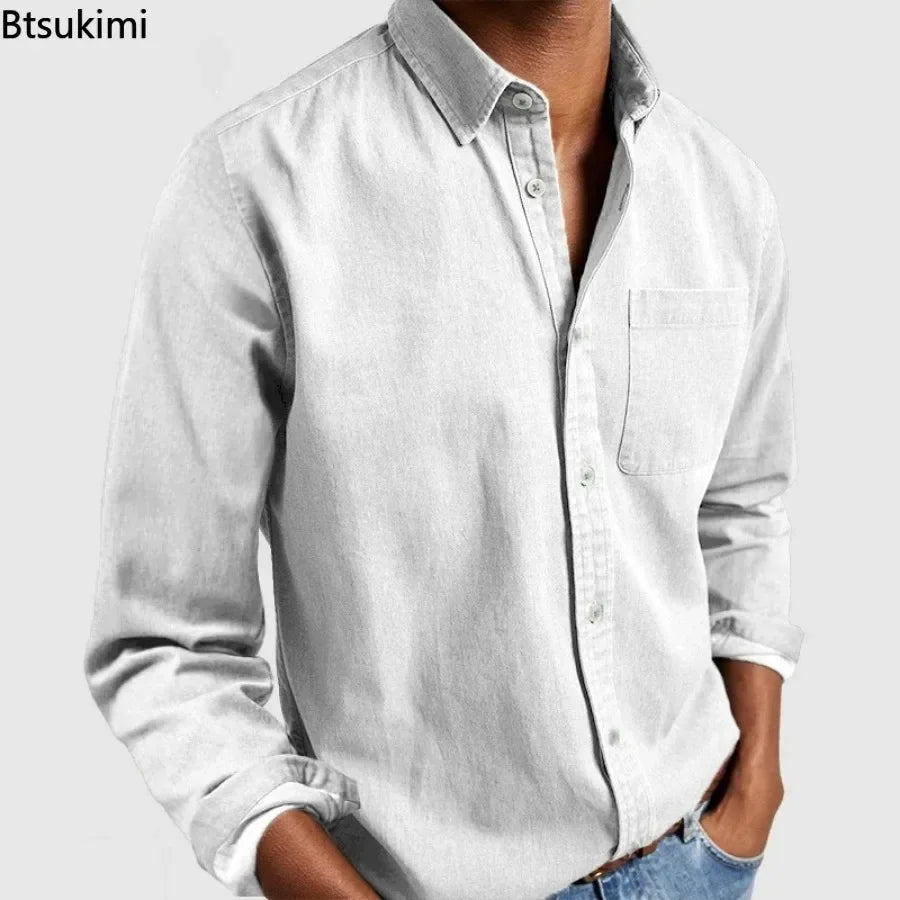 2026 Fashion Men's Clothing Breathable Cotton Long-sleeved Loose Casual Shirt Men Simple Lapel Tops Vintage All-match Man Blouse