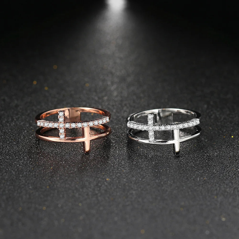 Korean Fashion Cross Crystal Rings For Women Personality Micro Pave CZ Thin Ring Finger Jewelry Daily Accessories Hot Gift R715
