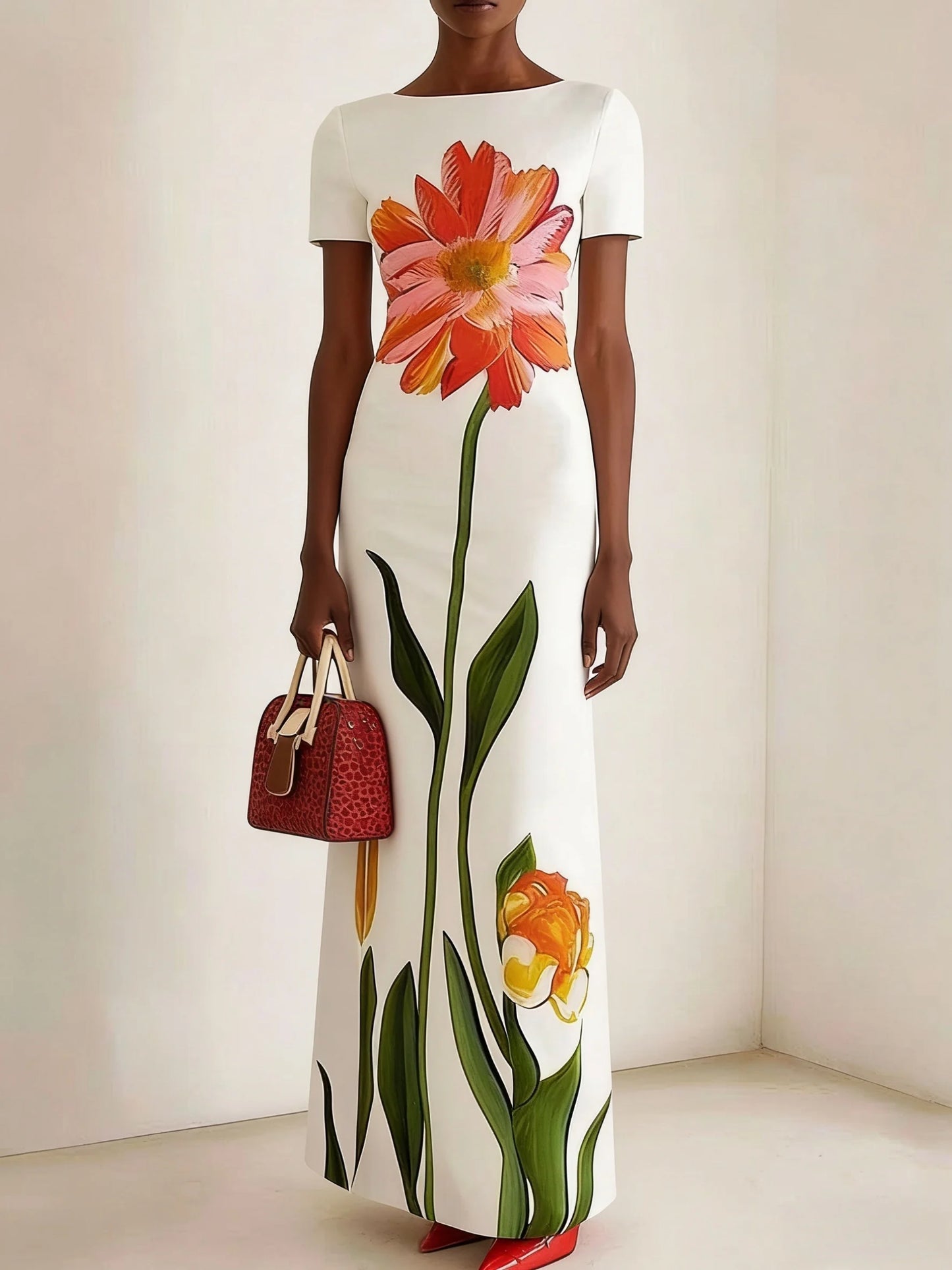 Women's Summer Clothing, New Style, Artistic Print, Round Neck, Short-Sleeved, Long Dress, Retro Slim-Fit Long Dress, Fashionable and Elegant, Suitable for Daily Commuting, Dating, Weddings, Banquets, Graduation Ceremonies