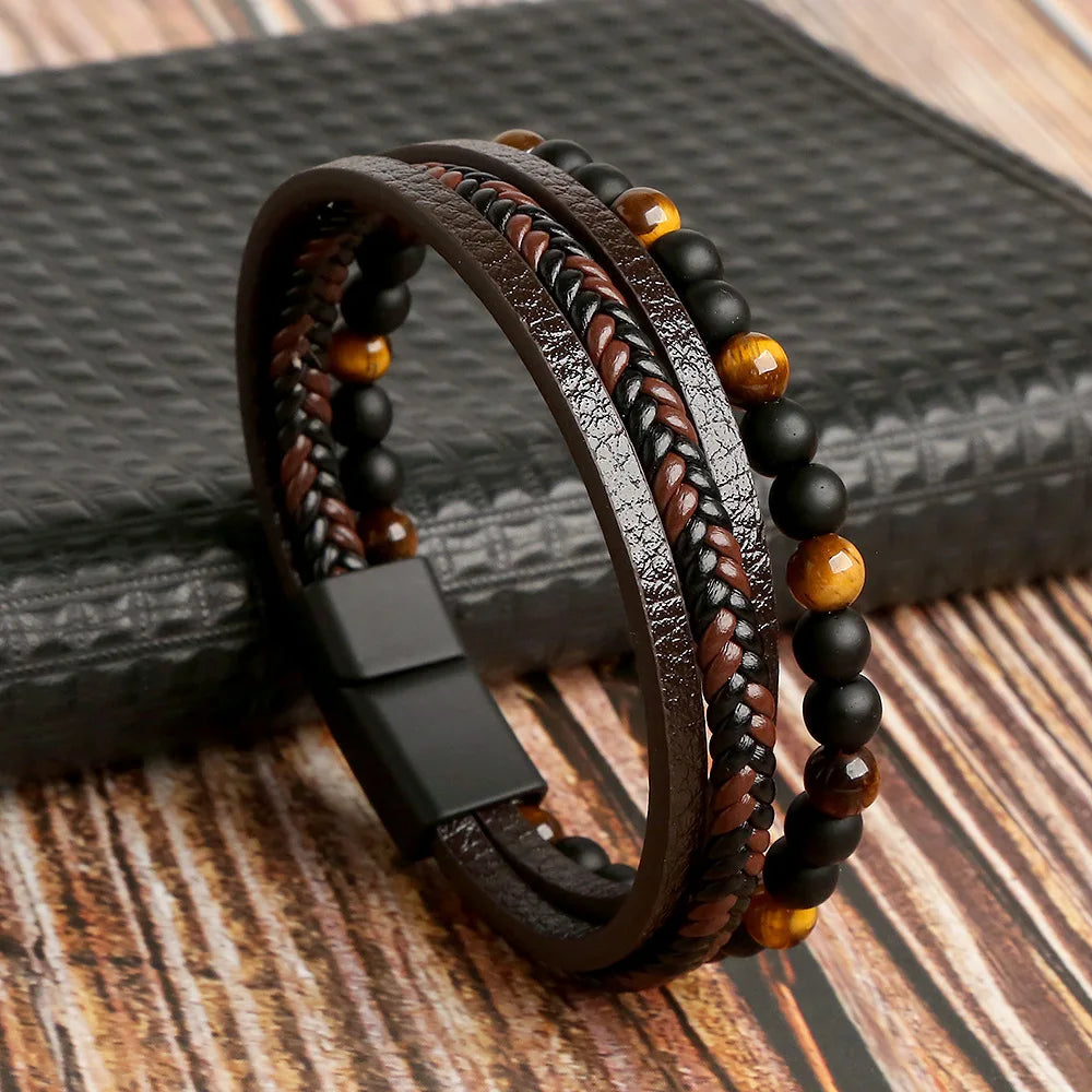 Classic 4-Layer Tiger Eye Stone Hand-Woven Leather Bracelets For Men Punk Fashion Alloy Magnetic Buckle Casual Bracelet Jewelry
