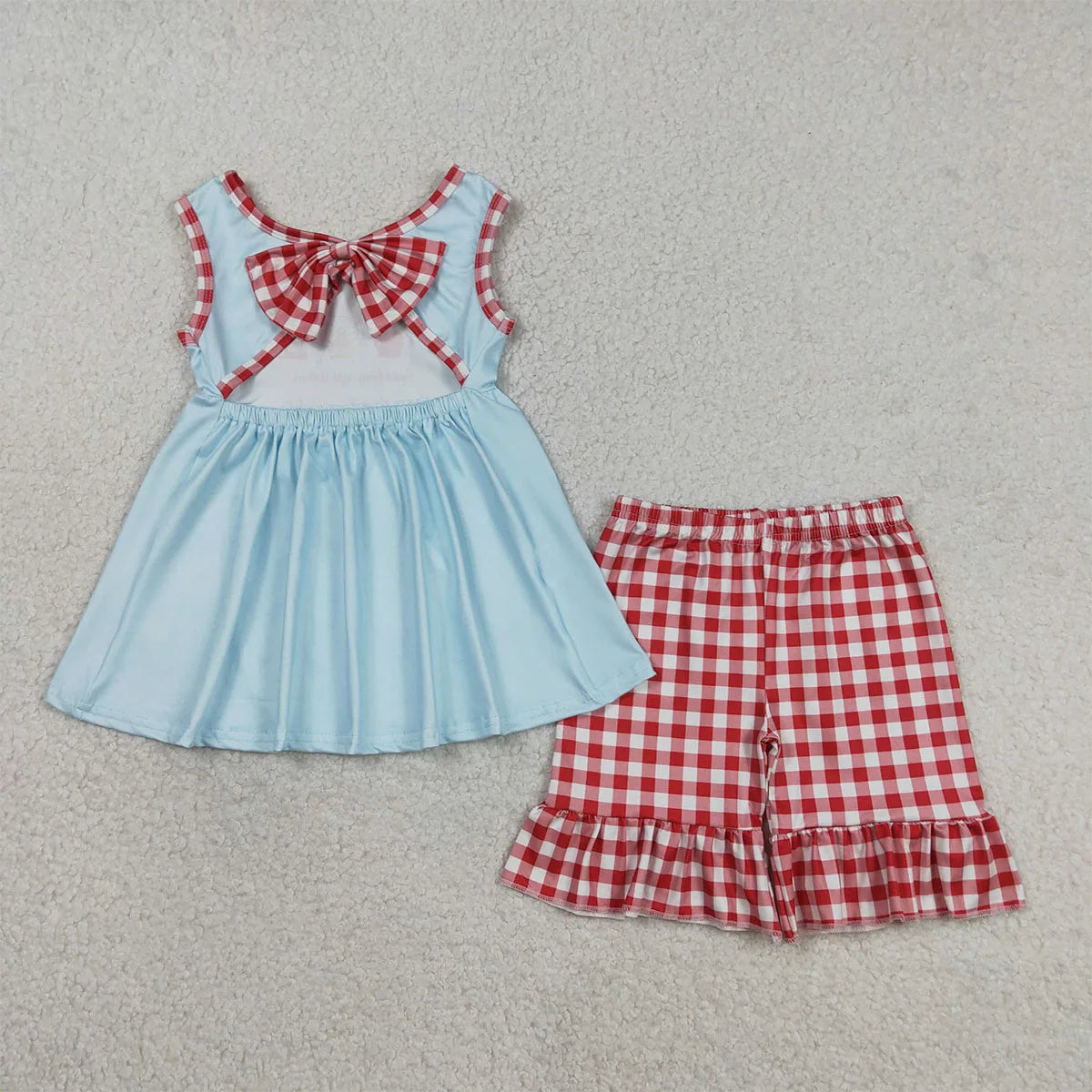 Wholesale Summer Sibling Baby Boys Girls Park Ruffles Shirts Top Red Plaid Shorts Outfits Kids Clothes Set Girl Rompers Matching