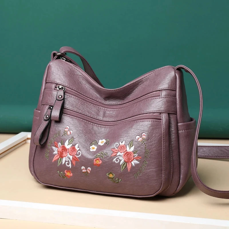 Embroidery Flowers Shoulder Messenger Bag Female Handbags Luxury Designer Purses Soft PU Leather Crossbody Women's Evening Bag