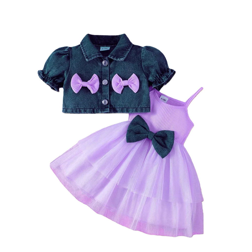 Summer 0-6Y Kids Clothes Girls Denim Collar Short Jacket 2pcs Set Sling Dress Bowknot Tulle Puff Skirt Girl Outfit
