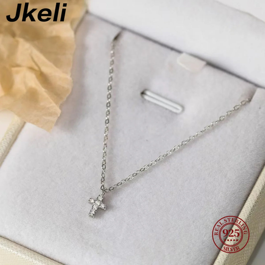 Jkeli 925 Sterling Silver Simple Pavé Crystal Cross Pendant Necklace Women Classic Temperament Wedding Party Jewelry  Gift